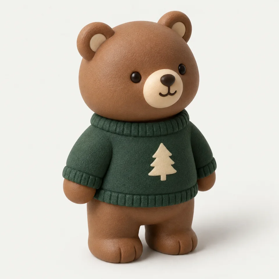 AI-generated bear PVC figurine concept in a forest-green sweater, not a manufactured sample