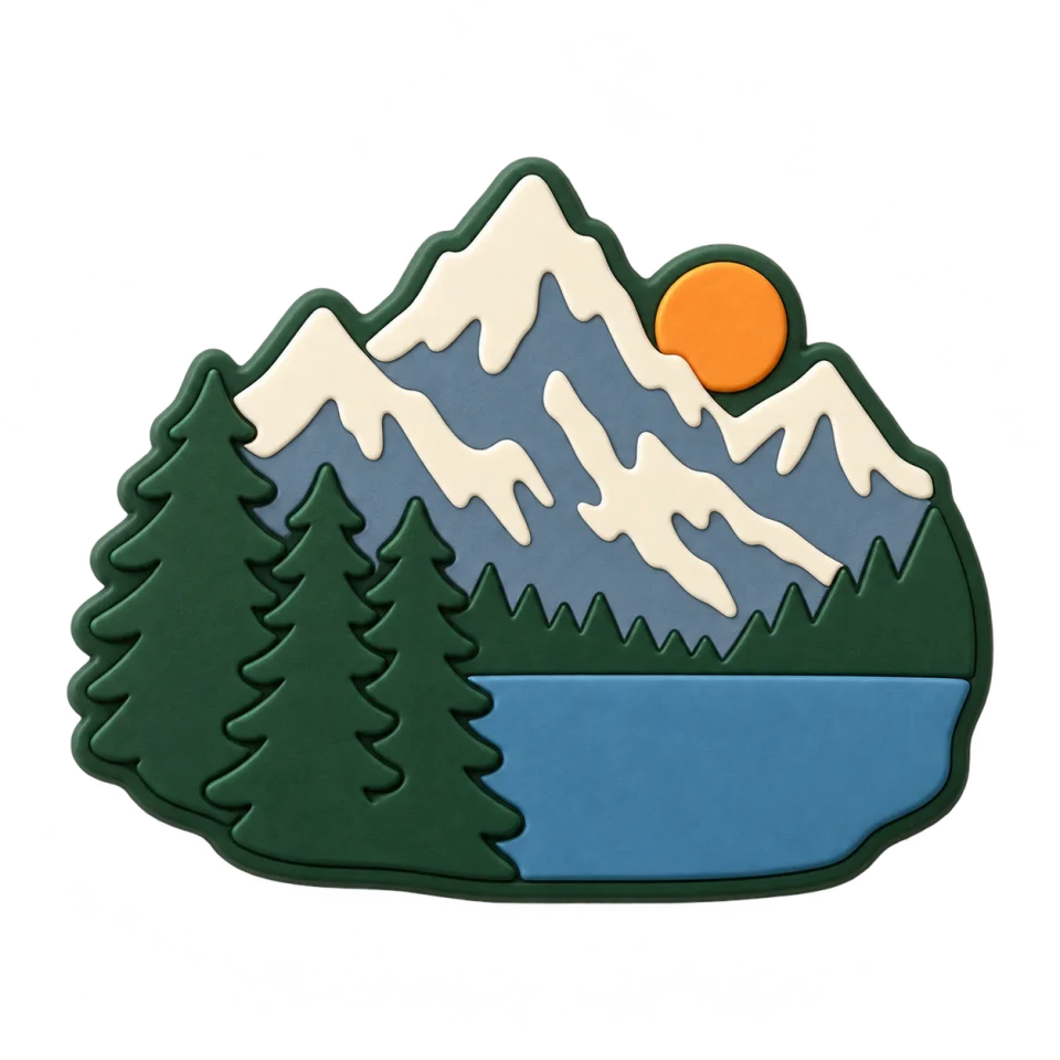 AI-generated alpine PVC fridge magnet concept with shallow raised colour areas