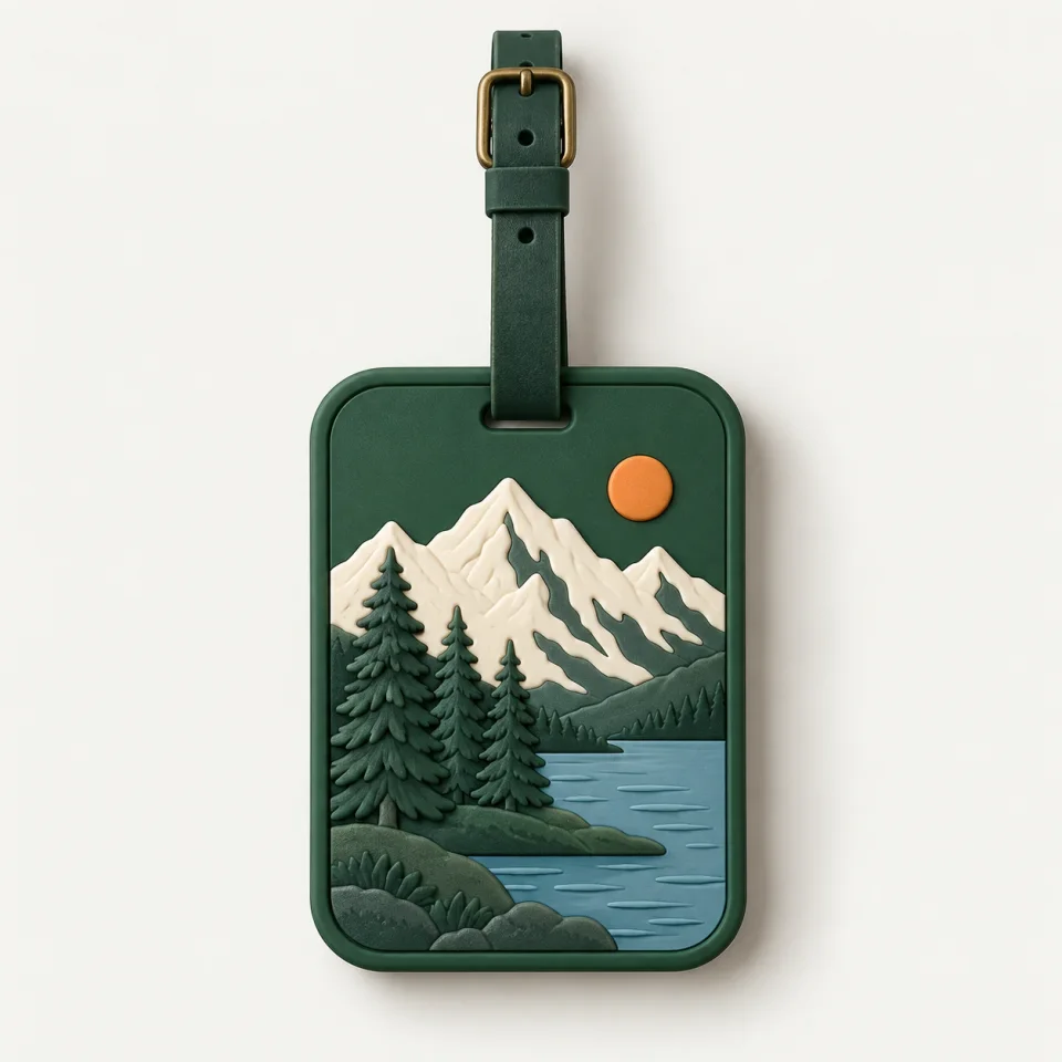 AI-generated forest-green luggage tag concept with alpine relief and a strap